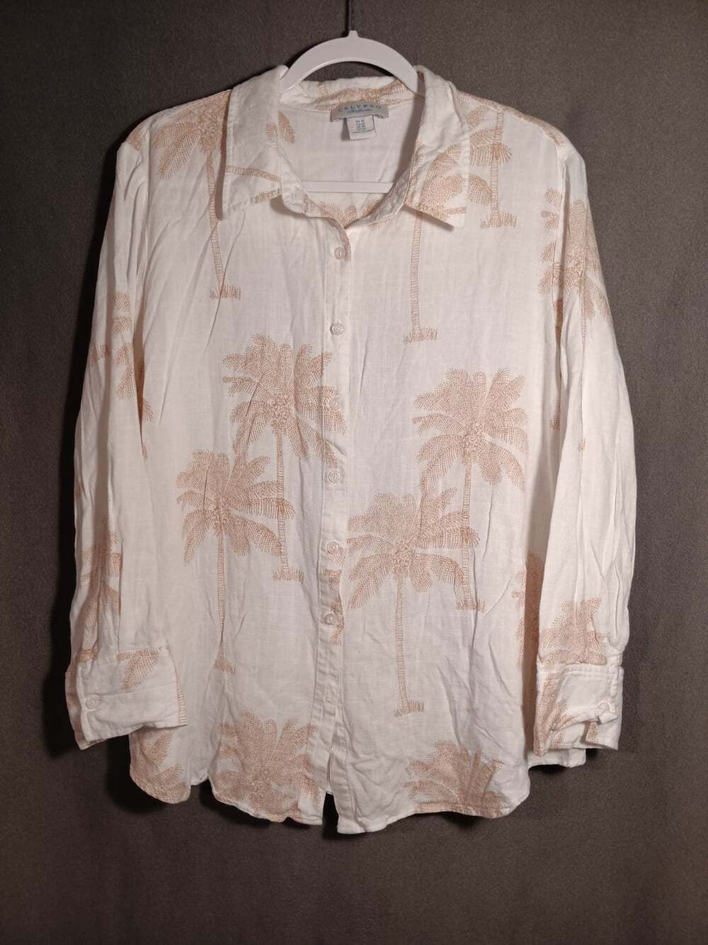 Calypso St Barth Linen Blend Palm Tree Print Top Women’s 1X White Tan
